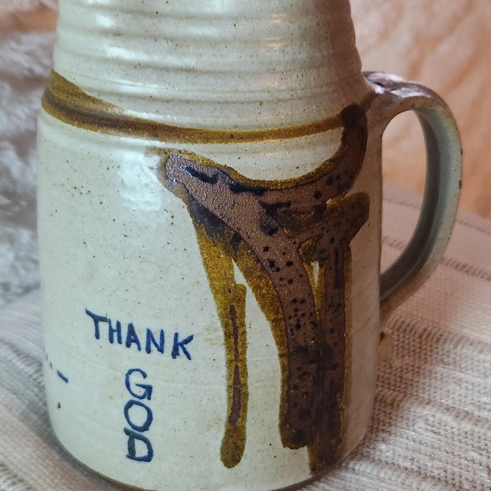 Hand Made & Hand Painted Pottery "Thirst... Drink..... Thank God" 7 3/4" Pitcher